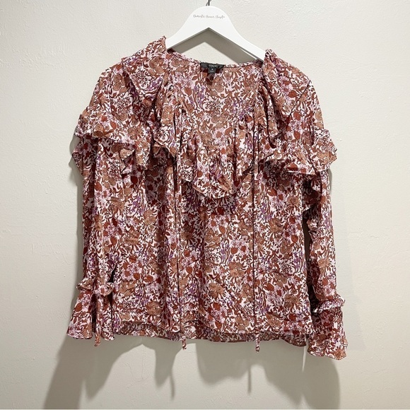 J CREW Women’s Multicolor Floral Crinkle Chiffon Ruffle Top Long Sleeve Size S - Picture 2 of 10